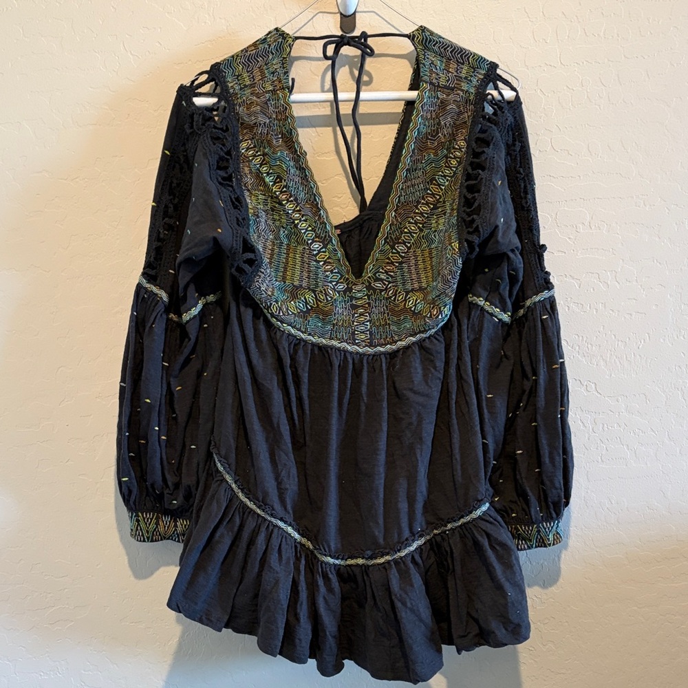 Free People Black Embroidered V-Neck Tunic with Teal & Lime Accents
